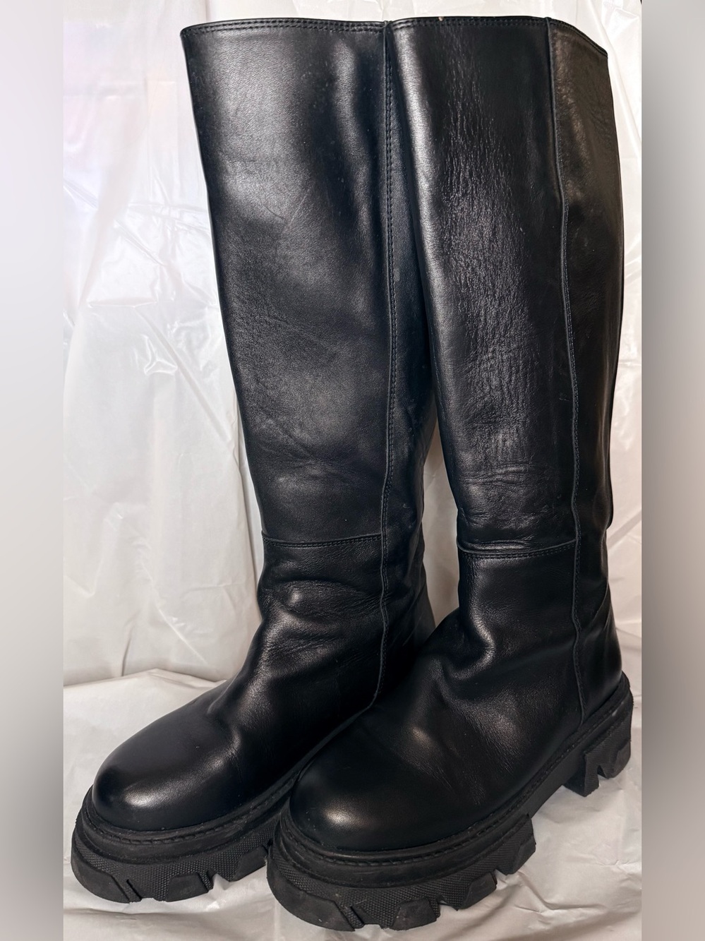 ALOHA Katiuska Black Leather Knee-High Combat Boots